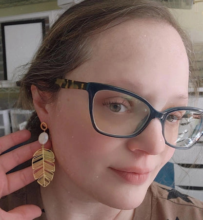 Freshwater Pearl and Monstera Leaf Post and Dangle Earrings