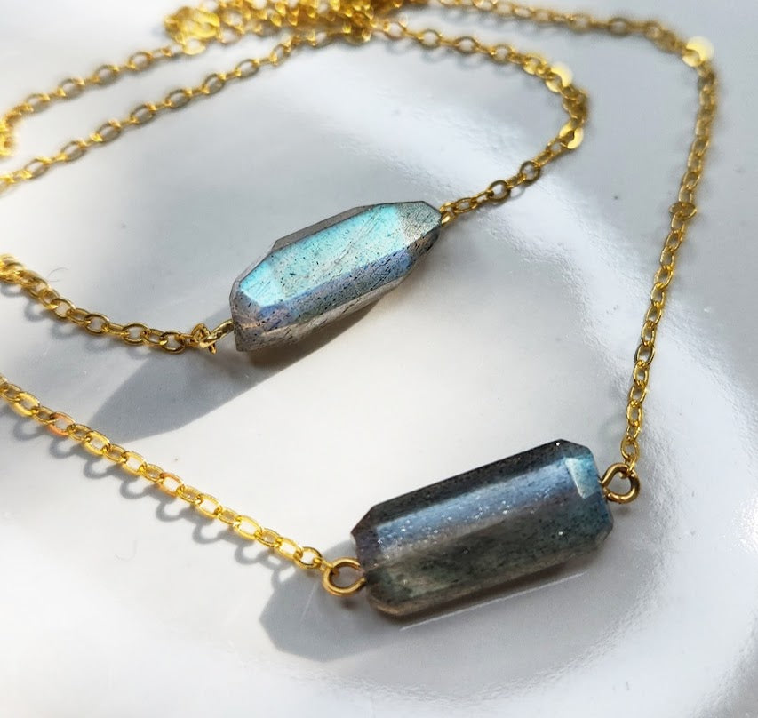 Faceted Rainbow Labradorite Organic Rectangular Bar Necklace