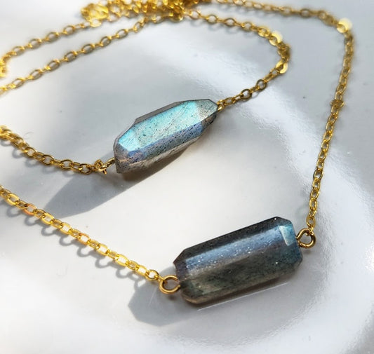 Faceted Rainbow Labradorite Organic Rectangular Bar Necklace