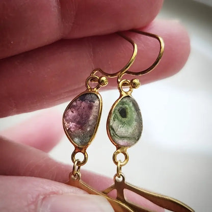 Brass Fern Leaf & Watermelon Tourmaline Dangle Earrings