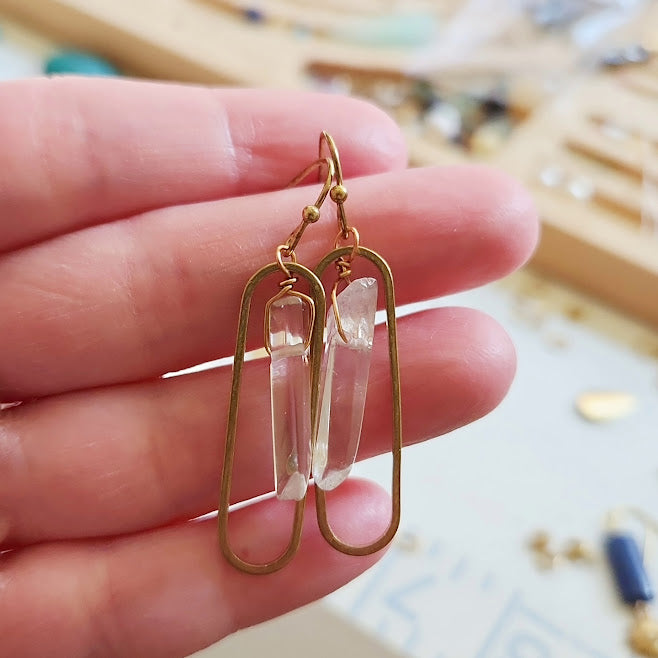 Clear Quartz Crystal and Brass Oval Pendant and Earrings