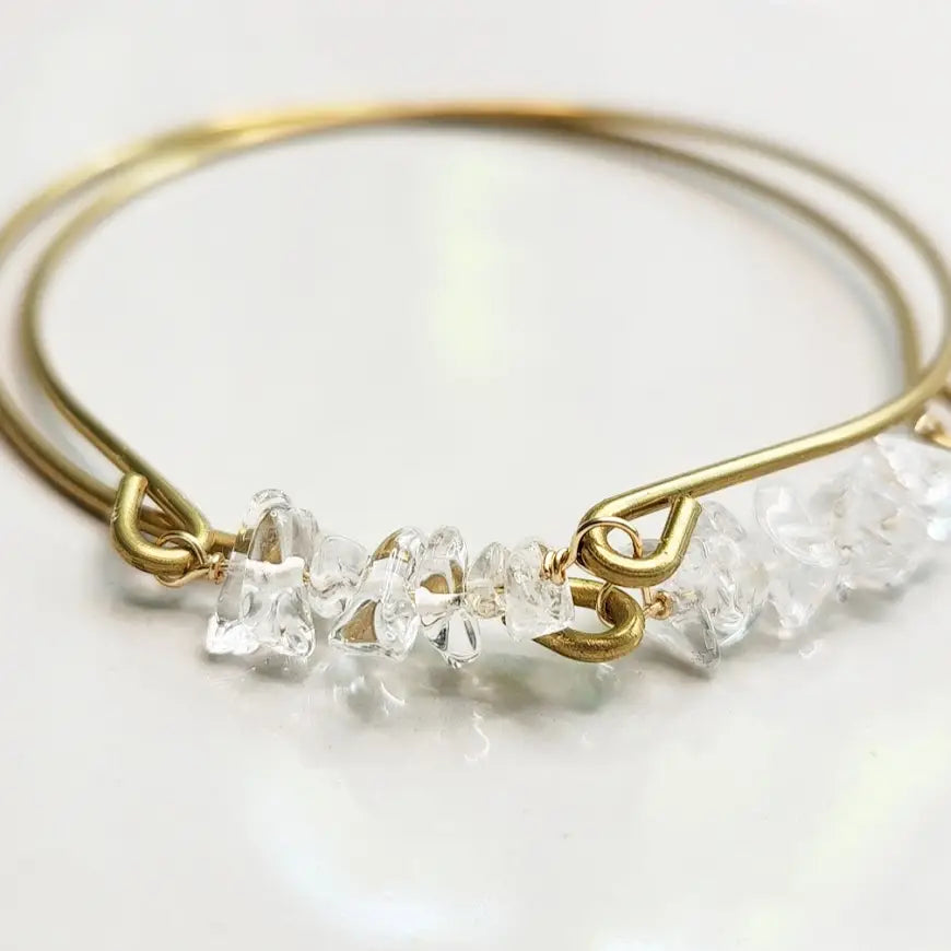 Natural Gemstone and Brass Stackable Beaded Bangle Bracelets