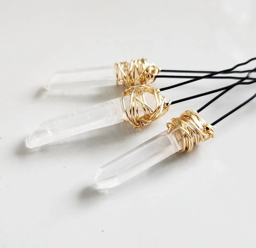 Natural Clear Quartz Wire Wrapped U Hairpins, Winter Wedding