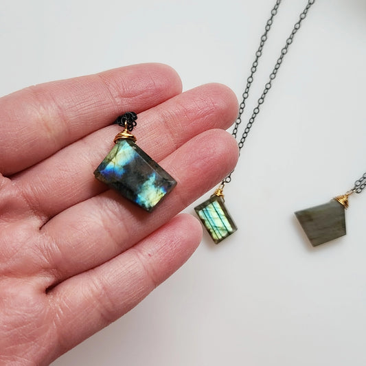 Flashy Labradorite & Black Brass Geometric Pendant Necklace