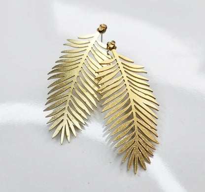Brass Fern Frond and Boston Fern Post Statement Earrings