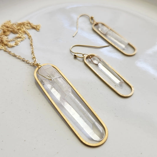 Clear Quartz Crystal and Brass Oval Pendant and Earrings