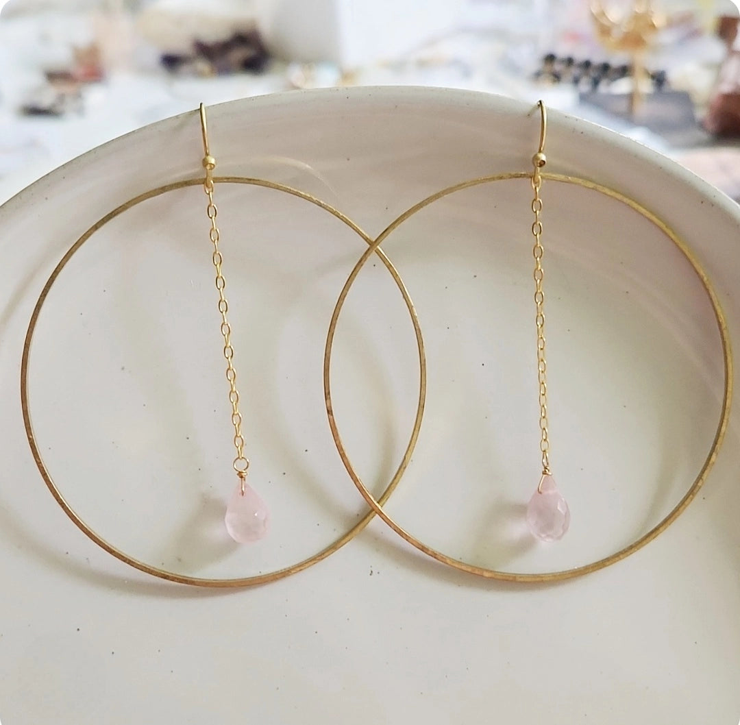 Faceted Rose Quartz Briolette and Brass Hoop Dangle Earrings