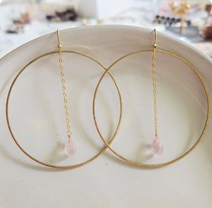 Faceted Rose Quartz Briolette and Brass Hoop Dangle Earrings
