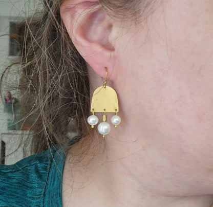 Freshwater Pearl and Brass Geometric Chandelier Earrings