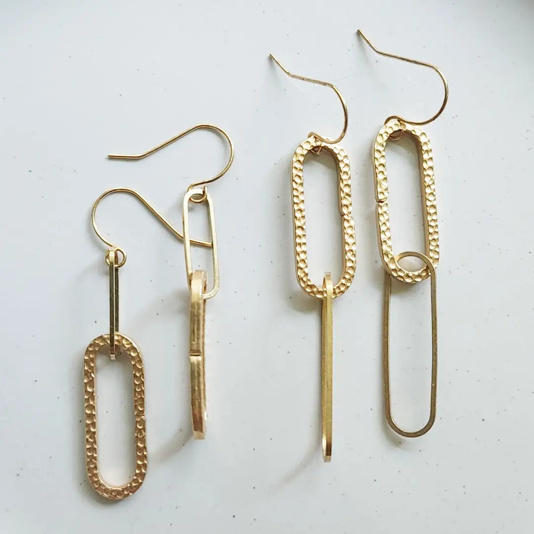 Textured Brass Paperclip Link Statement Dangle Earrings