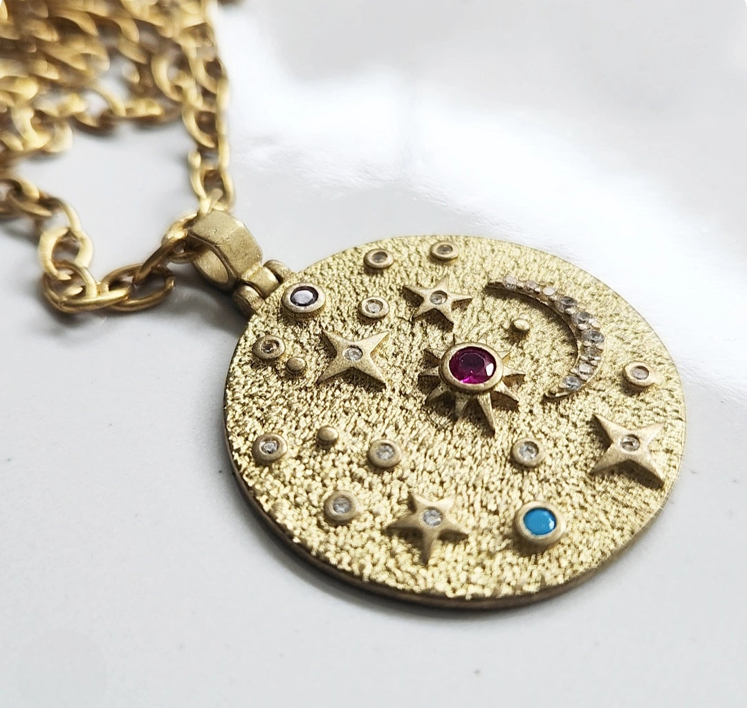 Stars and Moon Zodiac Charm, Cz & Purple Sapphire Necklaces