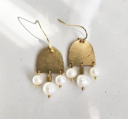 Freshwater Pearl and Brass Geometric Chandelier Earrings