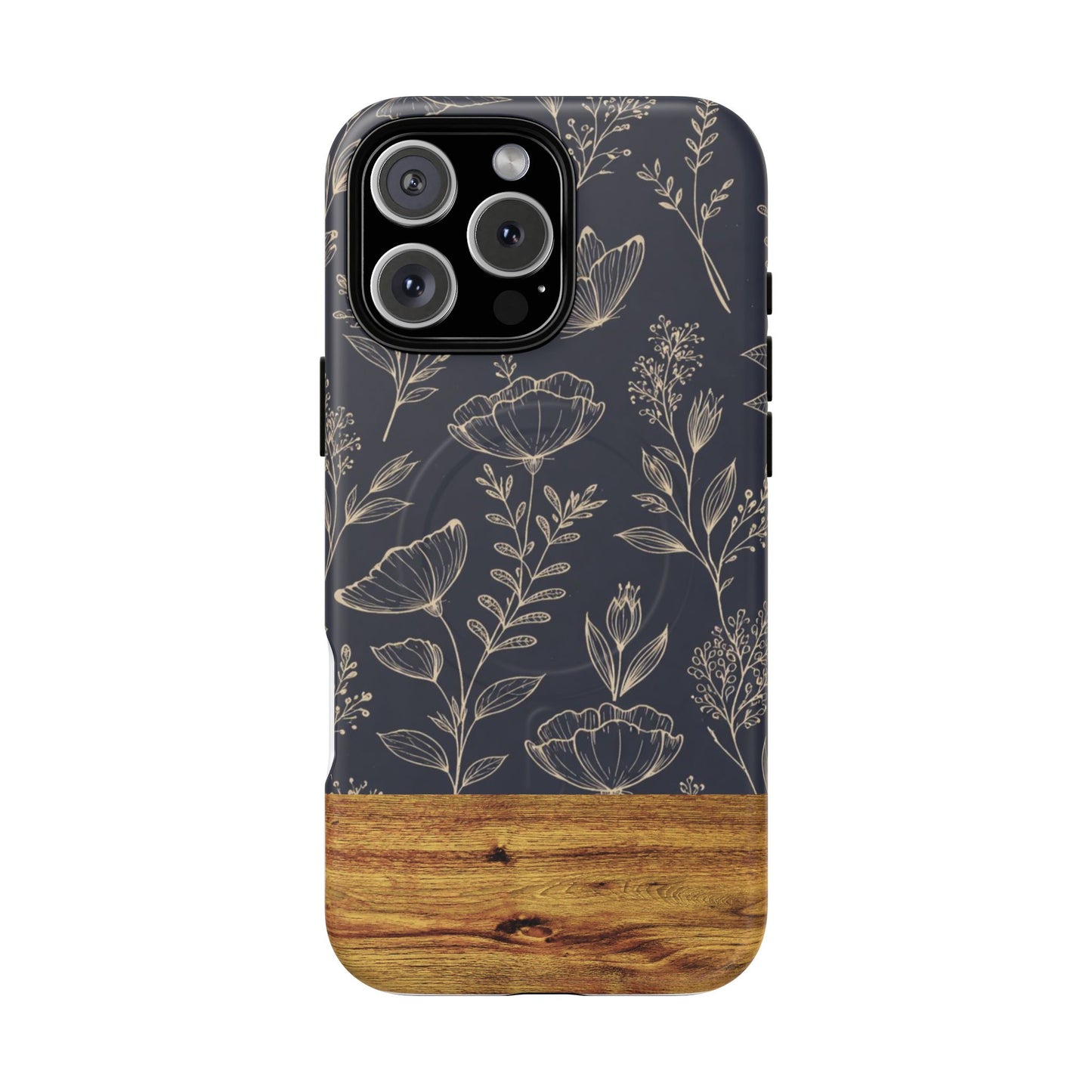 Floral Woodgrain Tough Magnetic Phone Case — Navy Botanical Protection