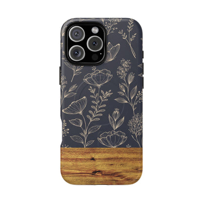 Floral Woodgrain Tough Magnetic Phone Case — Navy Botanical Protection