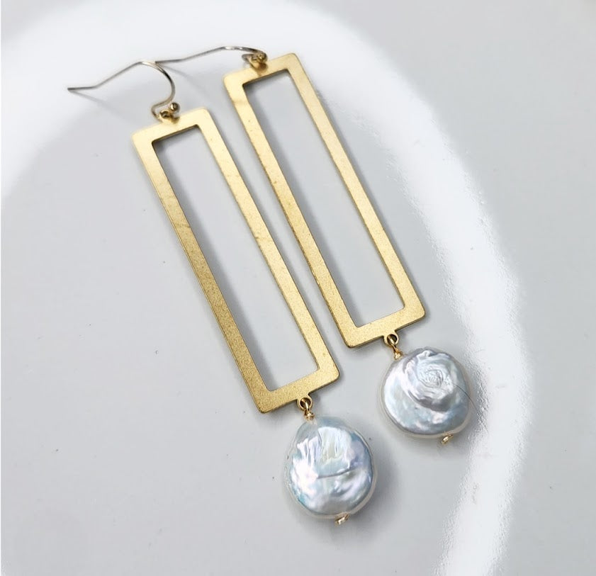 Freshwater Coin Pearl and Rectangle Geometric Earrings
