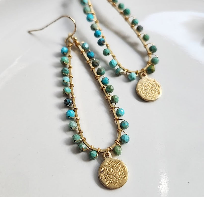 Gemstone and Brass Lotus Charm and Teardrop Dangle Earrings