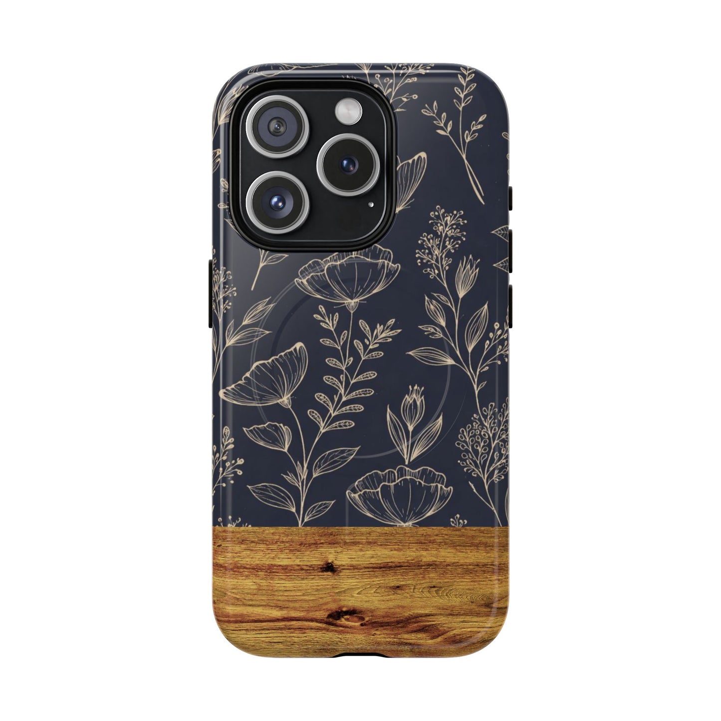 Floral Woodgrain Tough Magnetic Phone Case — Navy Botanical Protection