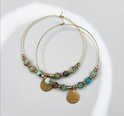 Amethyst & Turquoise with Lotus Charm Beaded Hoop Earrings