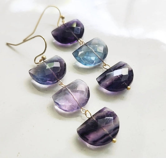 Natural Fluorite Gemstone Half Moon Dangle Earrings