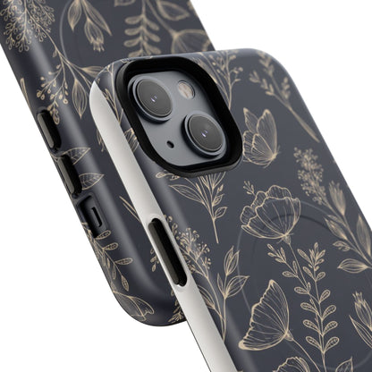 Floral Woodgrain Tough Magnetic Phone Case — Navy Botanical Protection