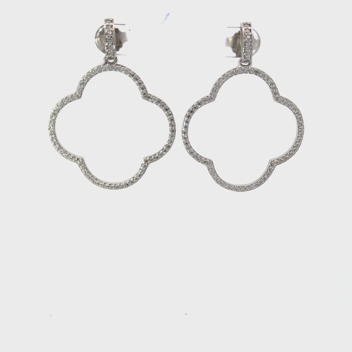 Open Clover Large Drop Earrings White Cz Silver