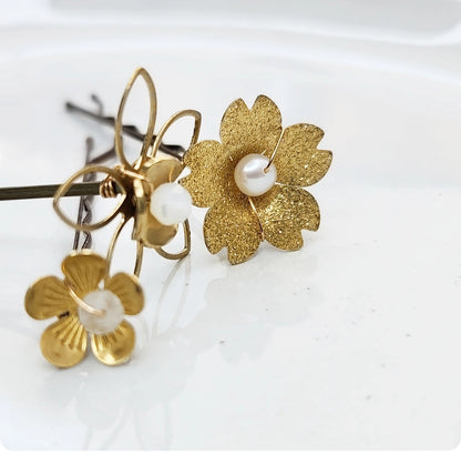Brass Flower and Mother of Pearl, Pearl, Moonstone Hairpins
