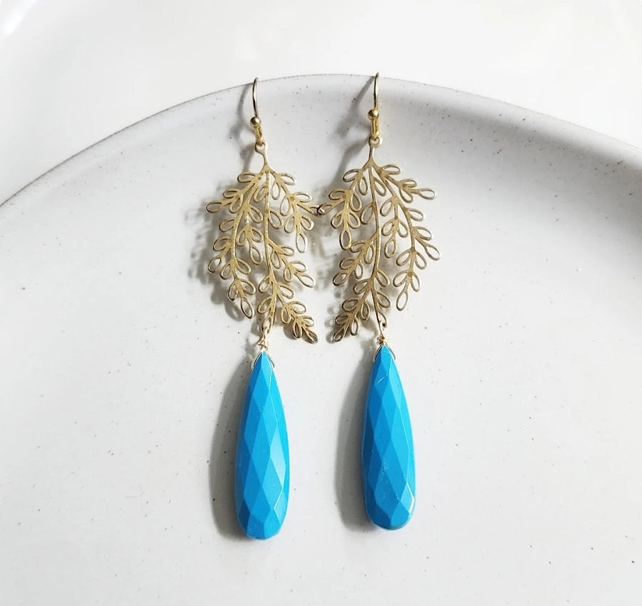 Turquoise Teardrop and Olive/Willow Leaf Statement Earrings