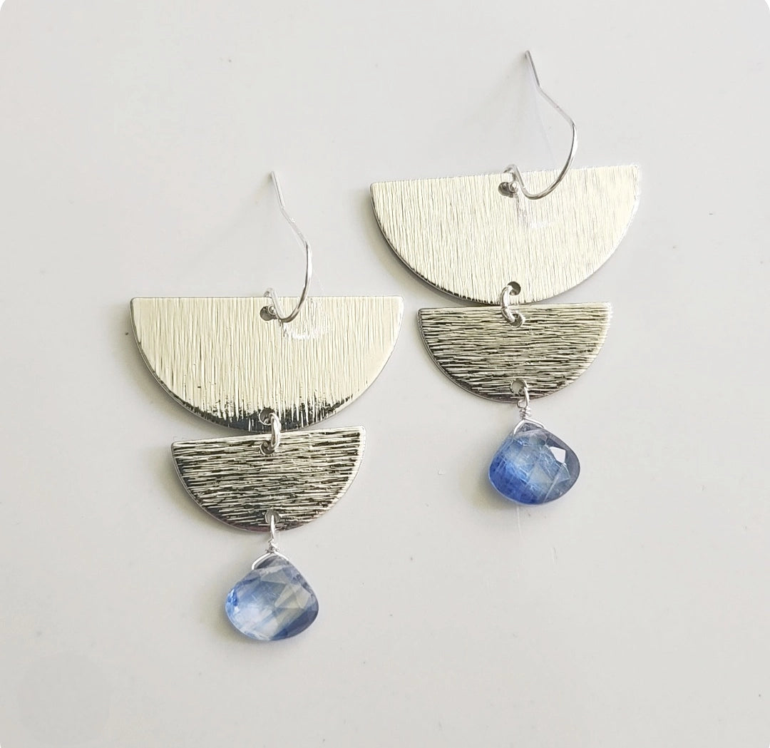Blue Kyanite and Texture Brass, Silver Moon Phase Earrings