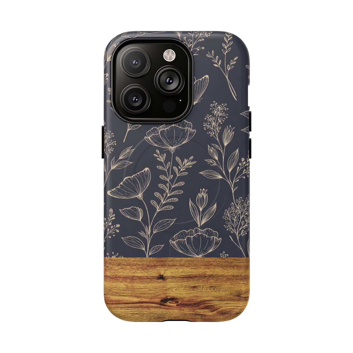Floral Woodgrain Tough Magnetic Phone Case — Navy Botanical Protection