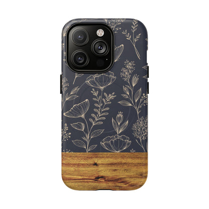 Floral Woodgrain Tough Magnetic Phone Case — Navy Botanical Protection