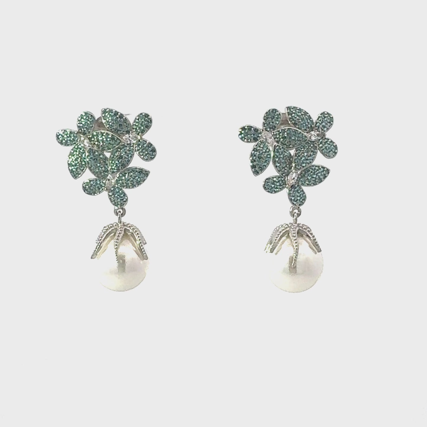 Flowers Pearl Earrings Aqua Blue Silver