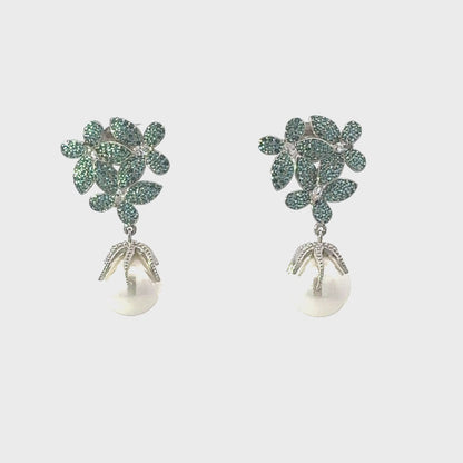Flowers Pearl Earrings Aqua Blue Silver