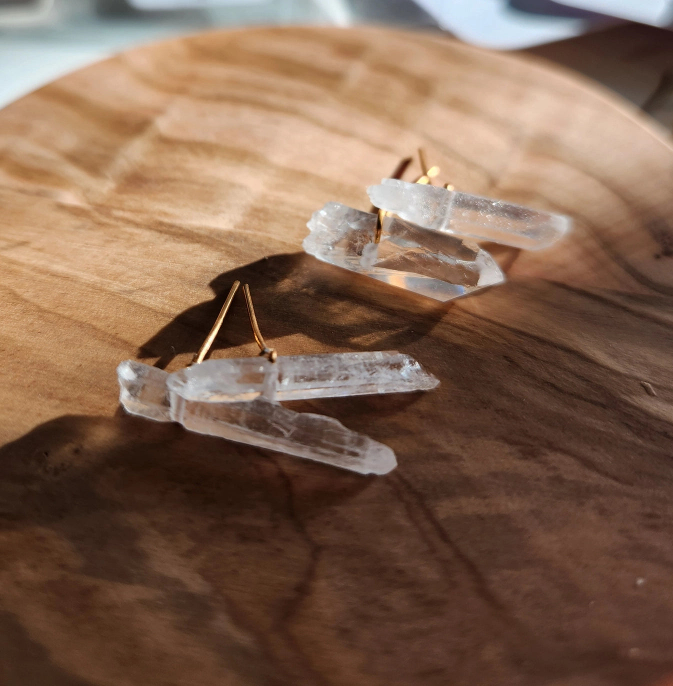Natural Clear Quartz Crystal & Brass Handmade Post Earrings