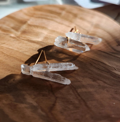 Natural Clear Quartz Crystal & Brass Handmade Post Earrings