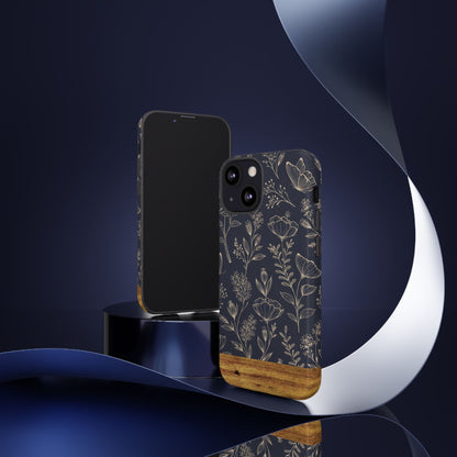 Floral Navy Tough Phone Case — Wood Accent Protective Cover