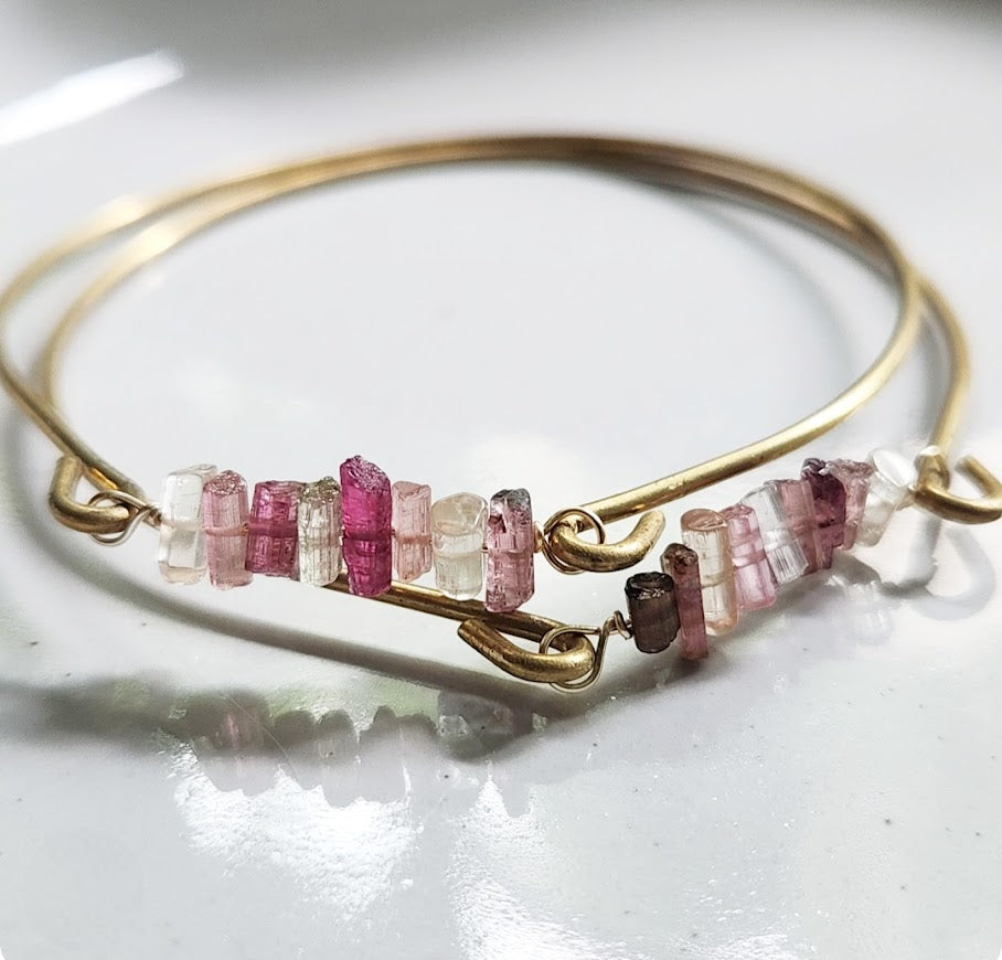 Natural Gemstone and Brass Stackable Beaded Bangle Bracelets