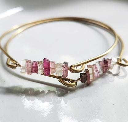 Natural Gemstone and Brass Stackable Beaded Bangle Bracelets