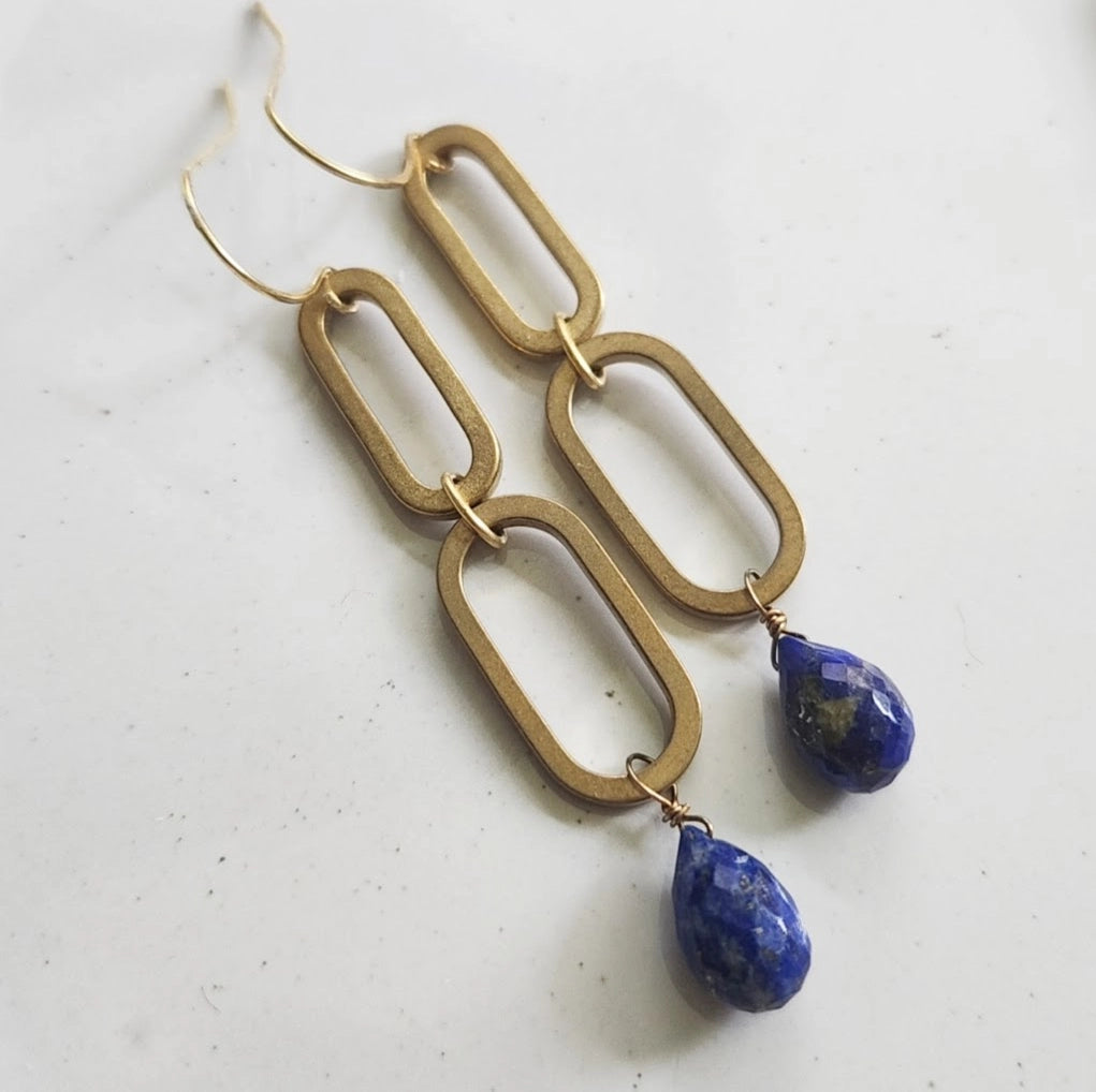 Brass Oval, Lapis Lazuli and Pearl Statement Dangle Earrings
