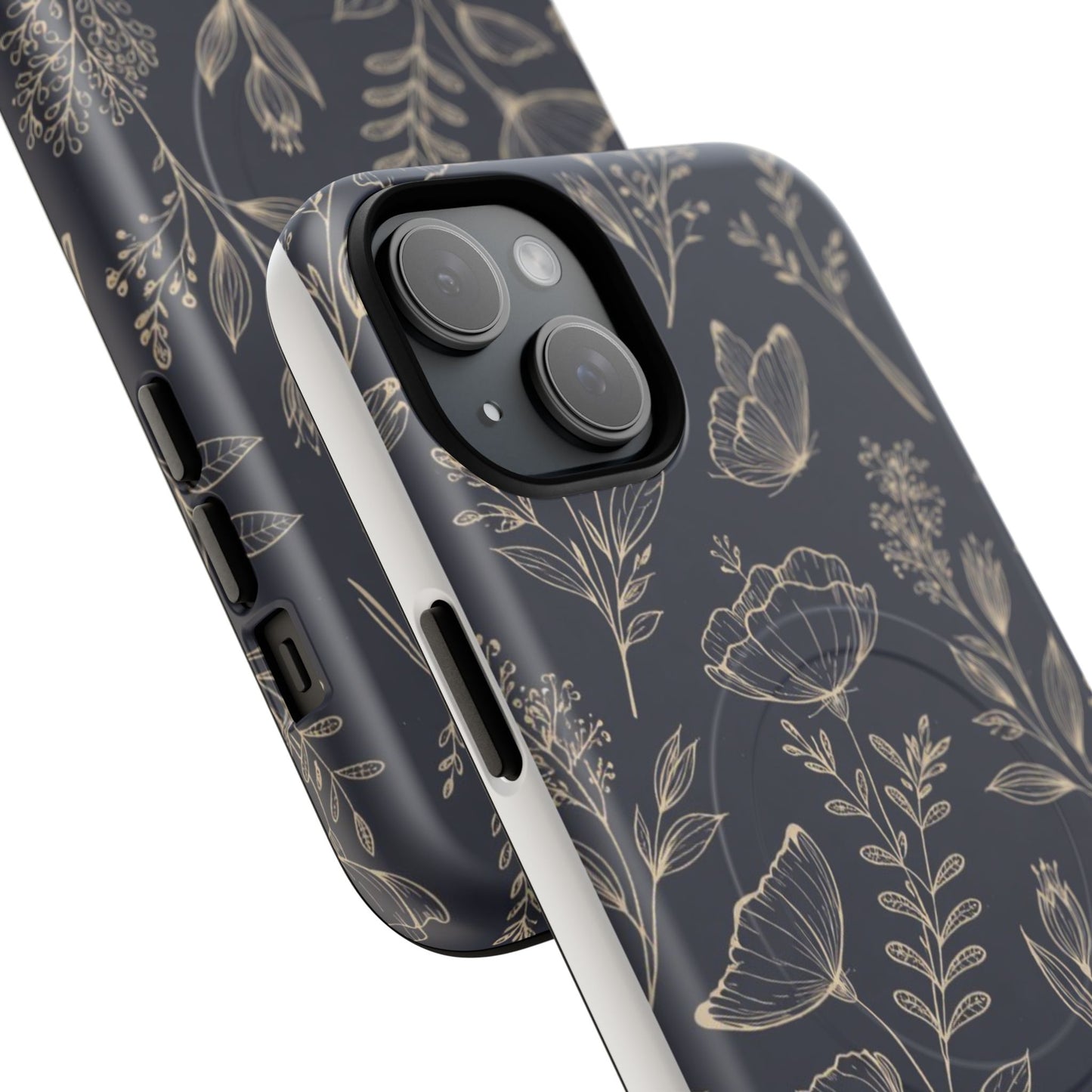 Floral Woodgrain Tough Magnetic Phone Case — Navy Botanical Protection