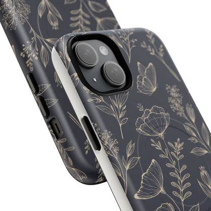 Floral Woodgrain Tough Magnetic Phone Case — Navy Botanical Protection