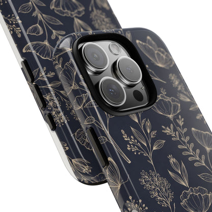 Floral Navy Tough Phone Case — Wood Accent Protective Cover