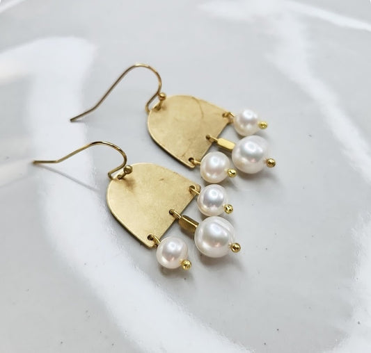 Freshwater Pearl and Brass Geometric Chandelier Earrings