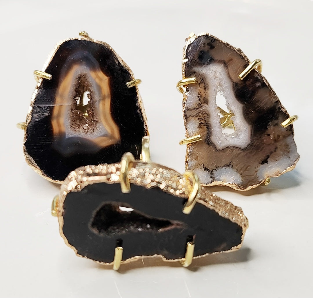 Gold Plated Geode/Agate Slice Solitaire Adjustable Rings