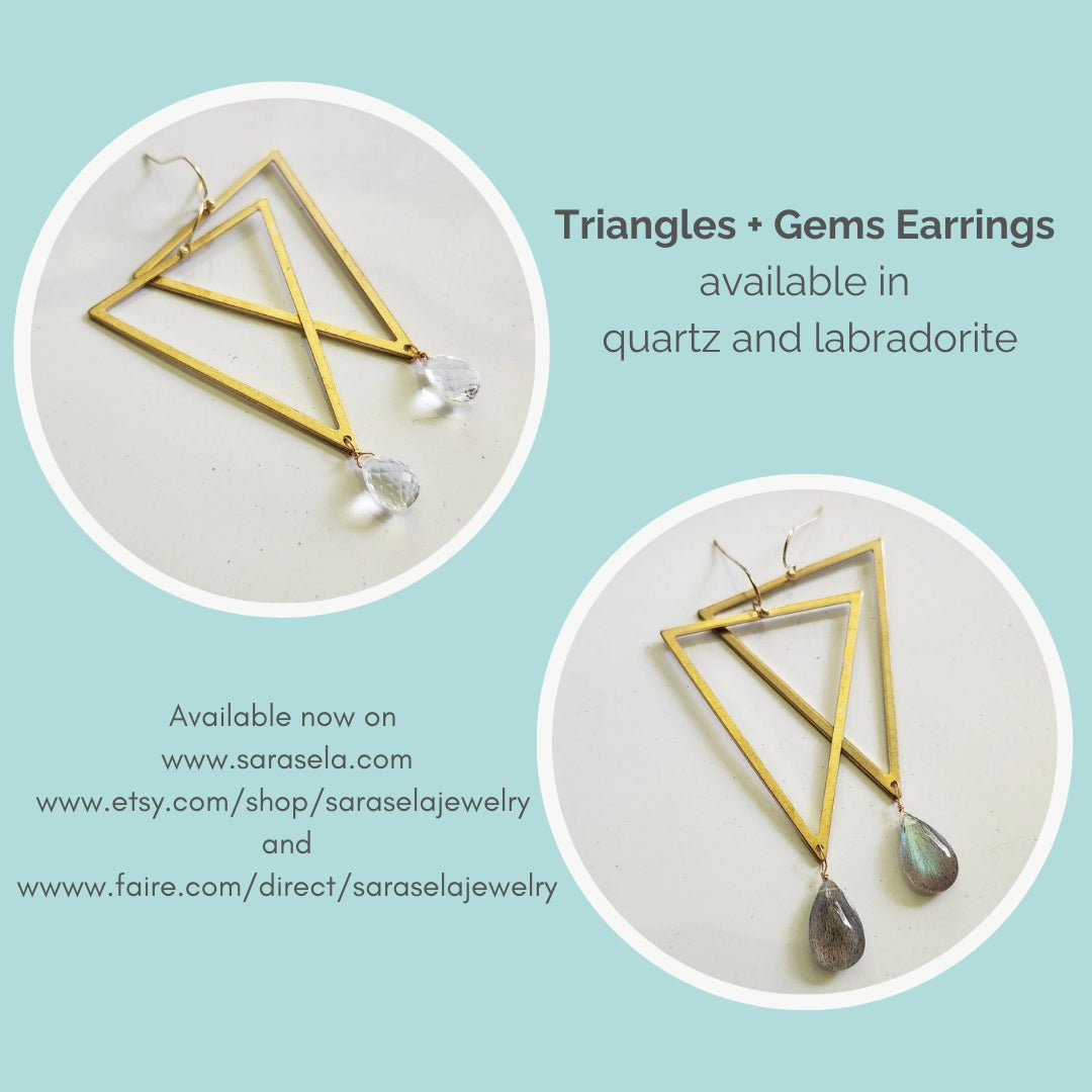 Bold Brass Triangles and Gemstone Statement Dangle Earrings