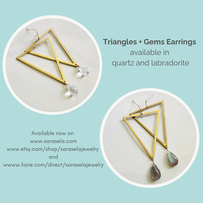 Bold Brass Triangles and Gemstone Statement Dangle Earrings