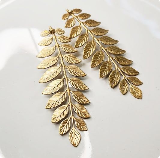 Brass Fern Frond and Boston Fern Post Statement Earrings