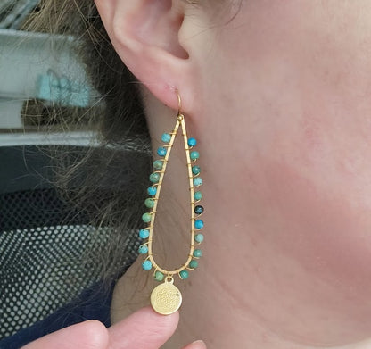 Gemstone and Brass Lotus Charm and Teardrop Dangle Earrings