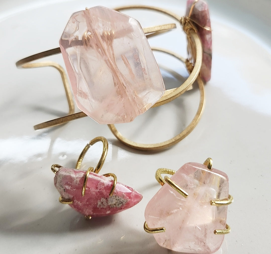 Madagascar Rose Quartz, Rhodochrosite & Brass Rings
