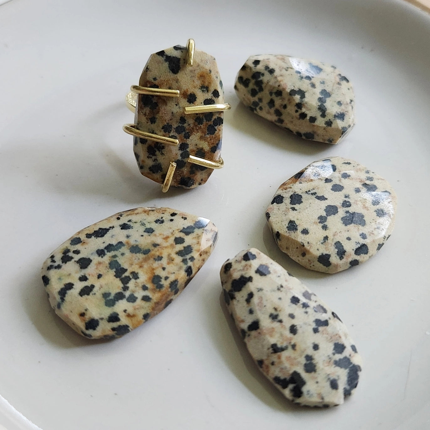 Grounding Dalmatian Jasper and Brass Hoop Earrings and Ring