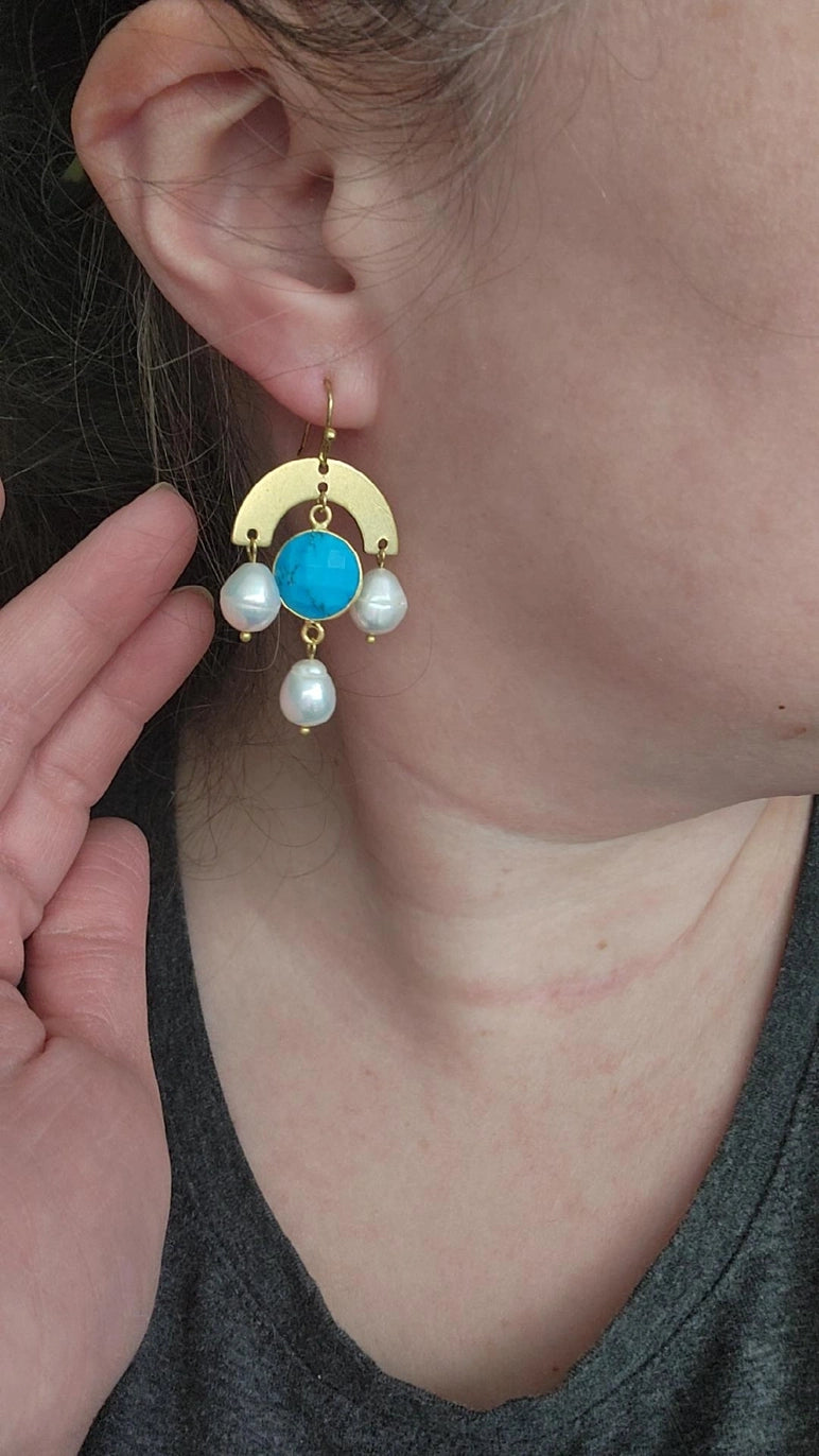 Turquoise and Pearl with Brass Chandelier Dangle Earrings